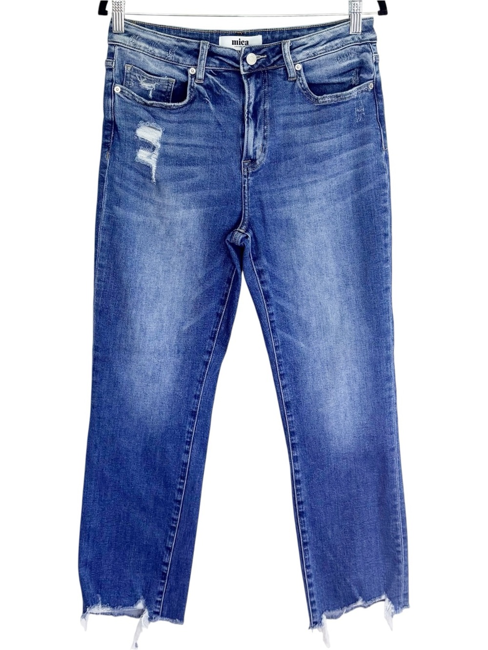 MICA High Rise Straight Leg Dark Wash Distressed Raw Hem Jeans Size 29